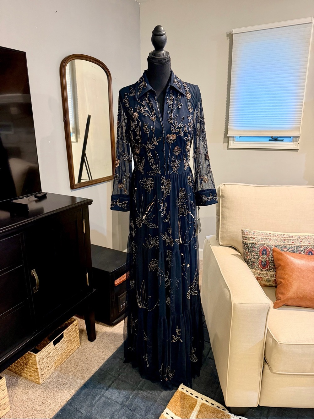 Adrianna Papell Navy Embroidered Floral Maxi Dress